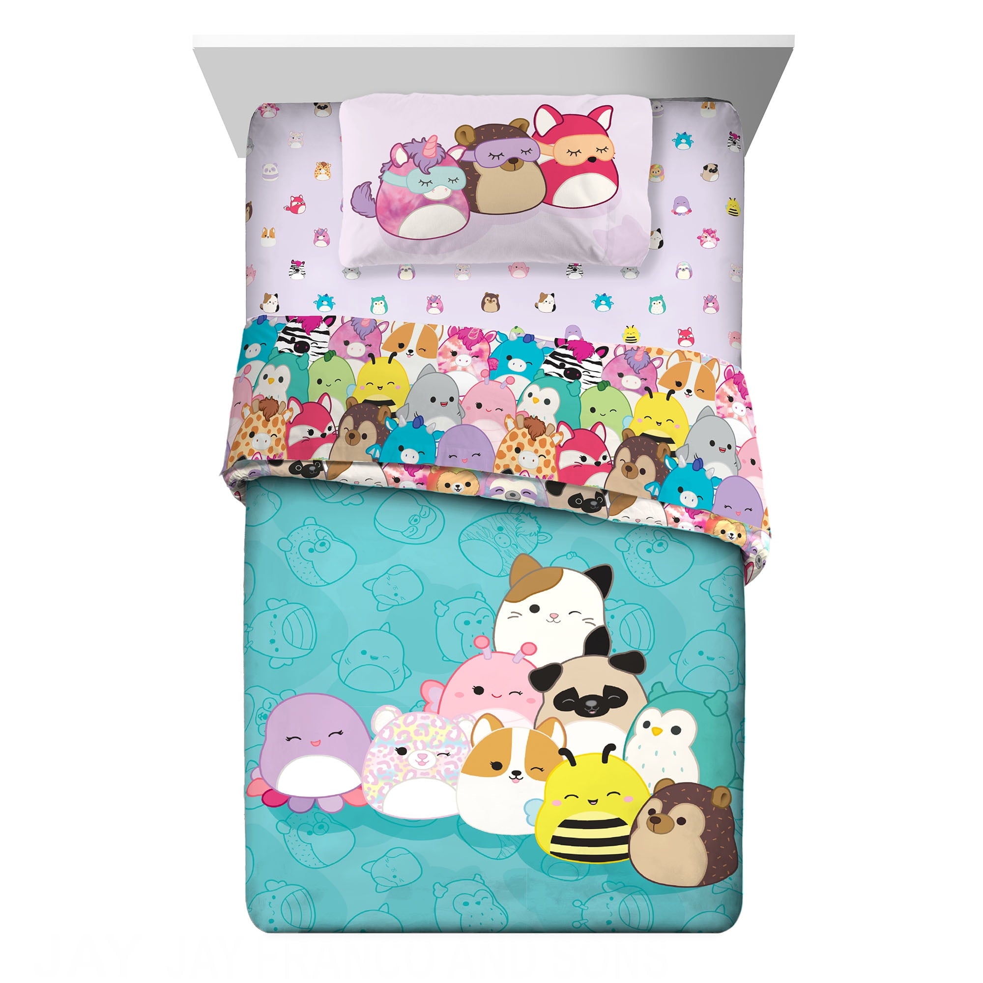 Squishmallows Kids 5 Piece Teal Purple Reversible Comforter, Bed in a Bag, Full