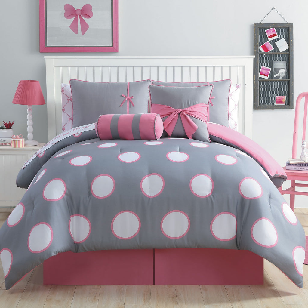 VCNY Home Kids' Sophie 10-Piece Grey/Pink Polka Dot Polyester Bed in a Bag, Full, Girls