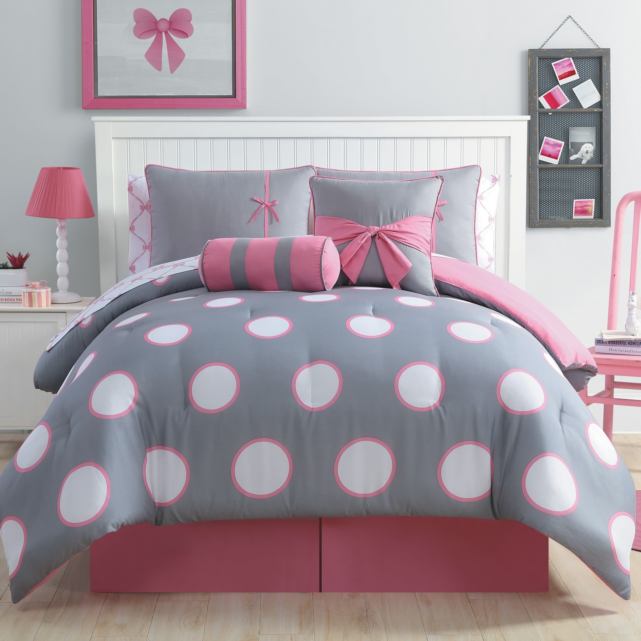 VCNY Home Kids' Sophie 10-Piece Grey/Pink Polka Dot Polyester Bed in a Bag, Full, Girls