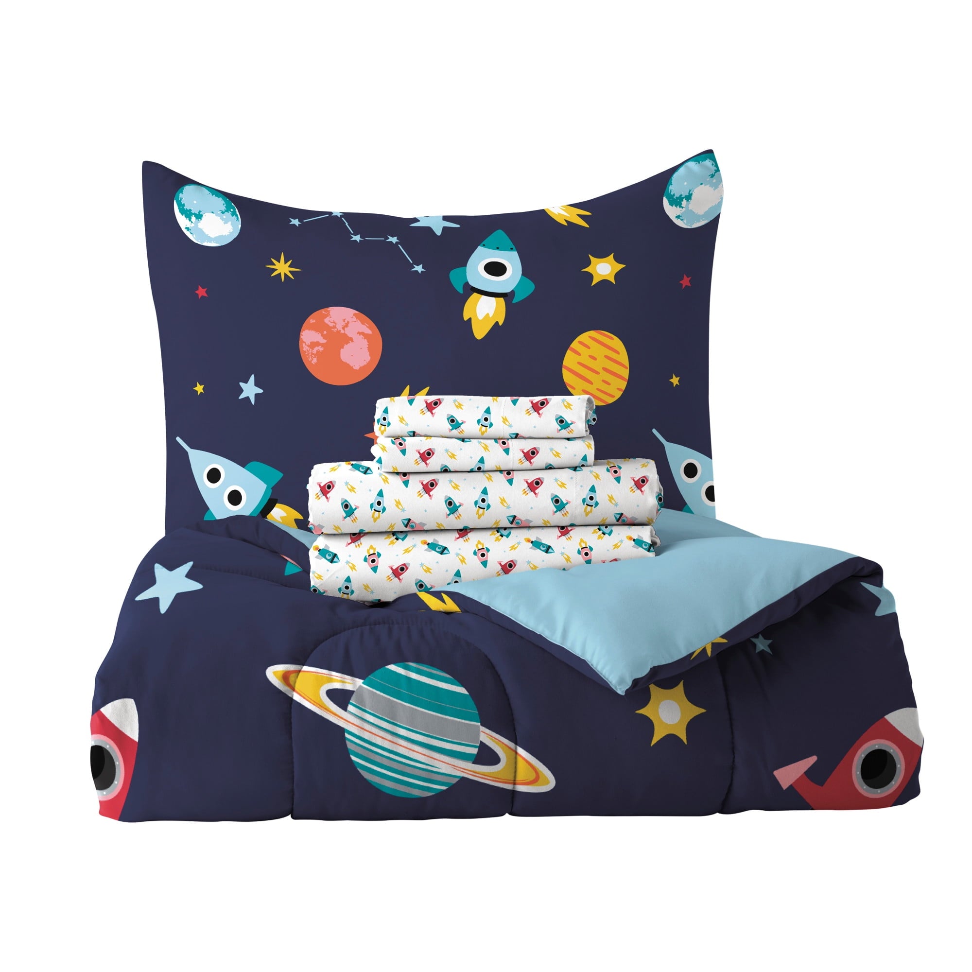 Dream Factory Space Galaxy Full Bed in a Bag Blue, Microfiber, 100% Polyester Fill, Male, Child