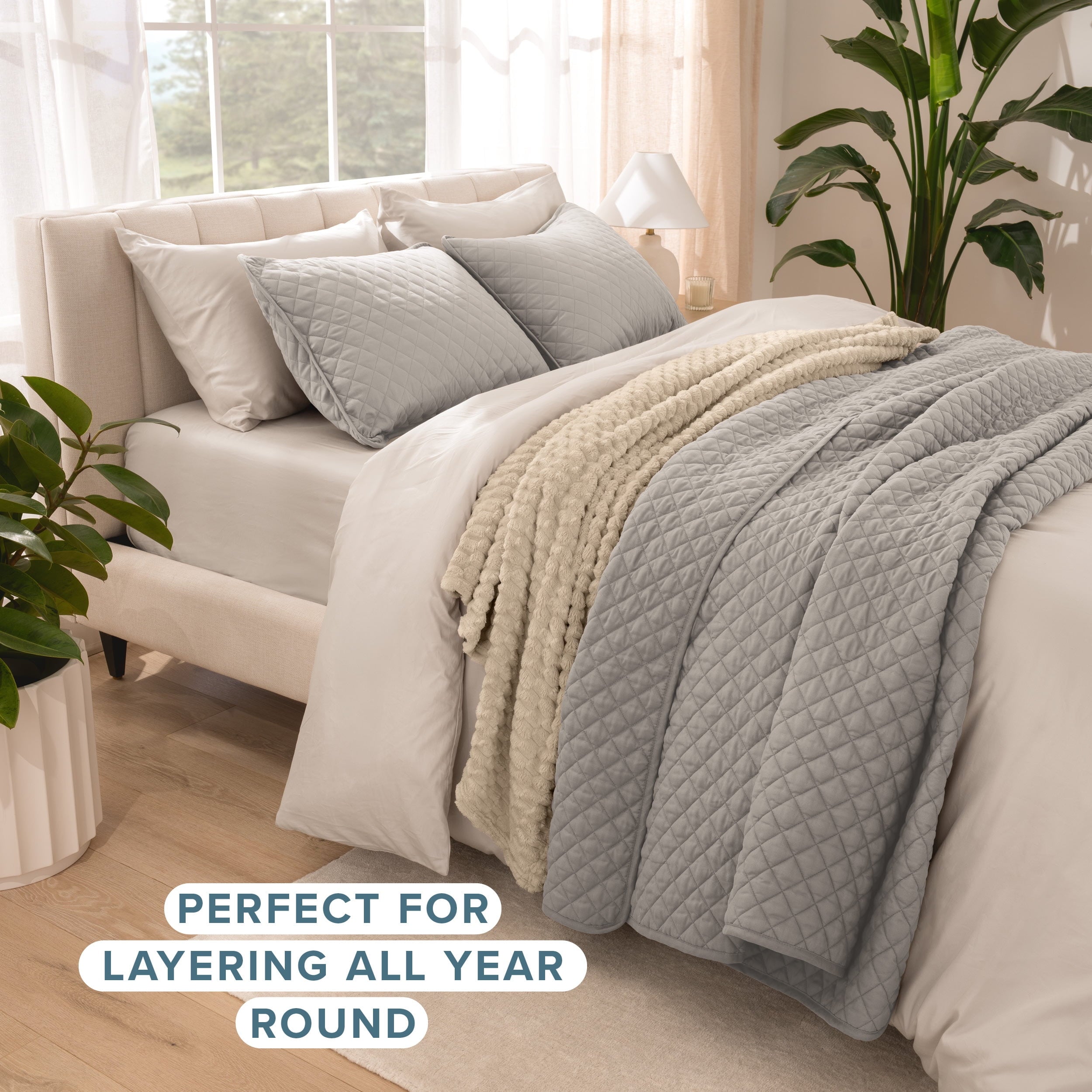 Bare Home Quilt Set - 3 Piece - Diamond Stitched Bedspread Coverlet - Full/Queen, Light Gray