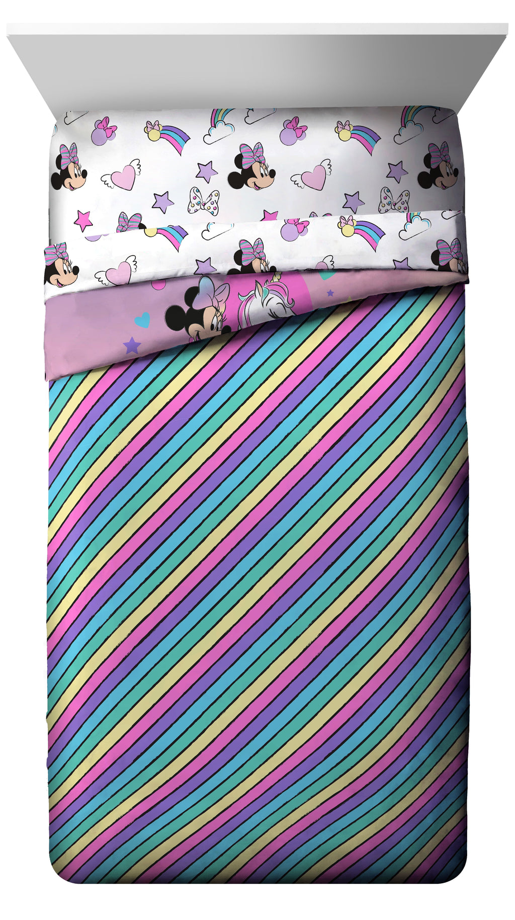Minnie Mouse Rainbow Unicorn Dreams Kids Pink 100% Microfiber 7-Piece Bedding Set, Full