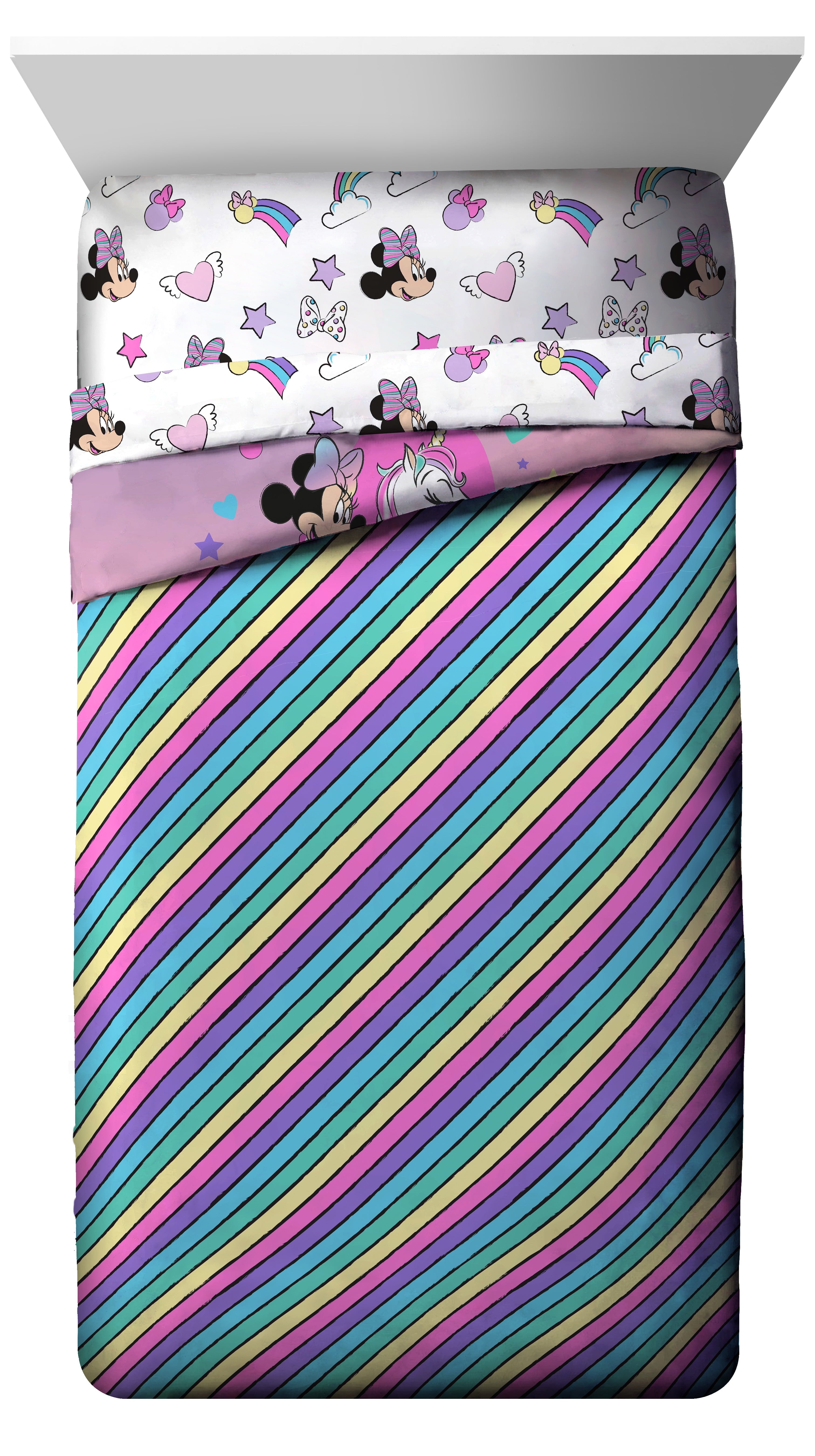 Minnie Mouse Rainbow Unicorn Dreams Kids Pink 100% Microfiber 7-Piece Bedding Set, Full