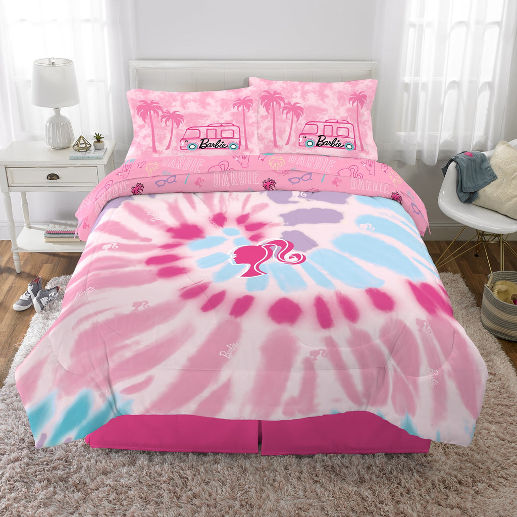 Barbie Kids 5 Piece Pink Tie Dye Reversible Comforter, Bed in a Bag, Full