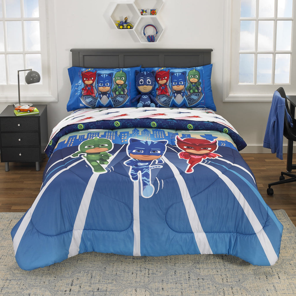PJ Masks Kids 5 Piece Blue White Reversible Comforter, Bed in a Bag, Full