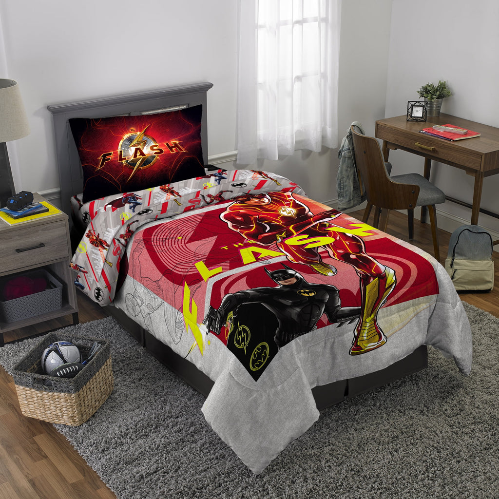 The Flash Kids 4 Piece Red Gray Reversible Comforter, Bed in a Bag, Twin