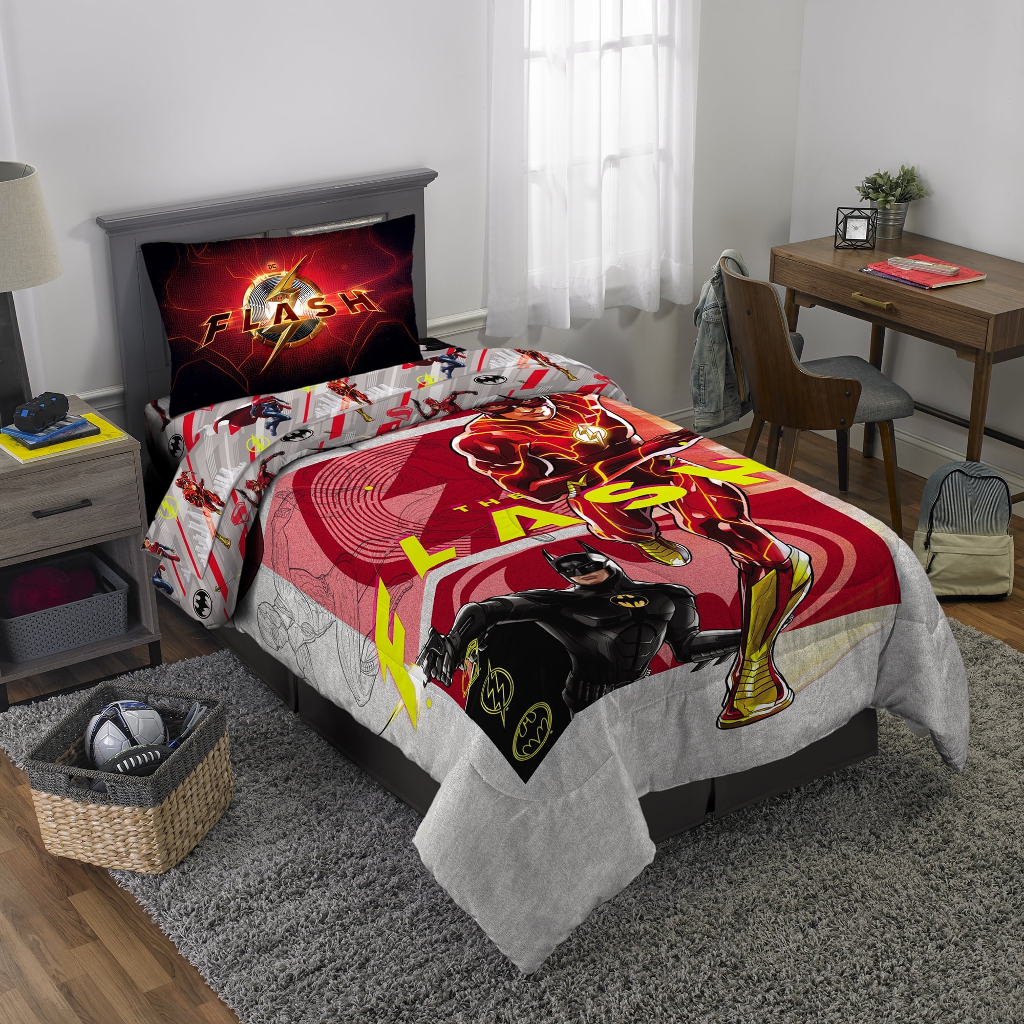 The Flash Kids 4 Piece Red Gray Reversible Comforter, Bed in a Bag, Twin