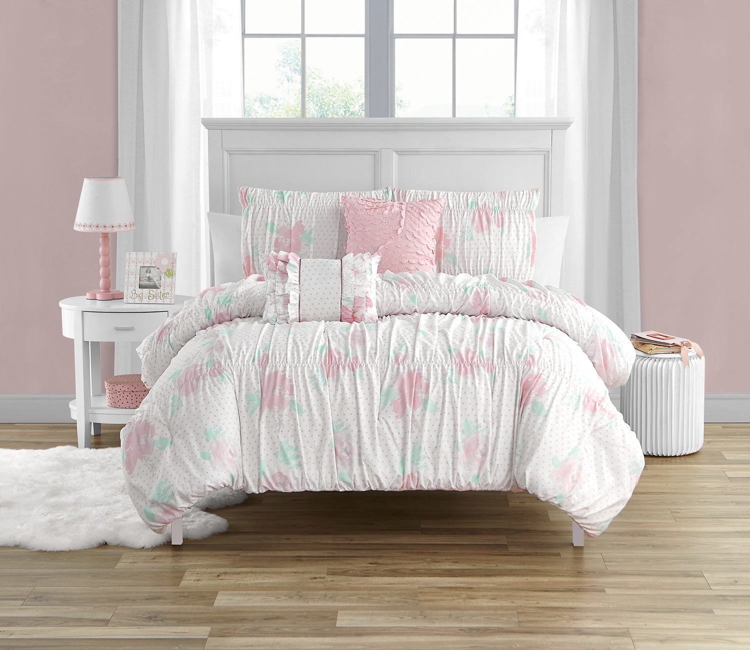 Tabitha Smocked Pink 5-Piece Microfiber Comforter Set - Full