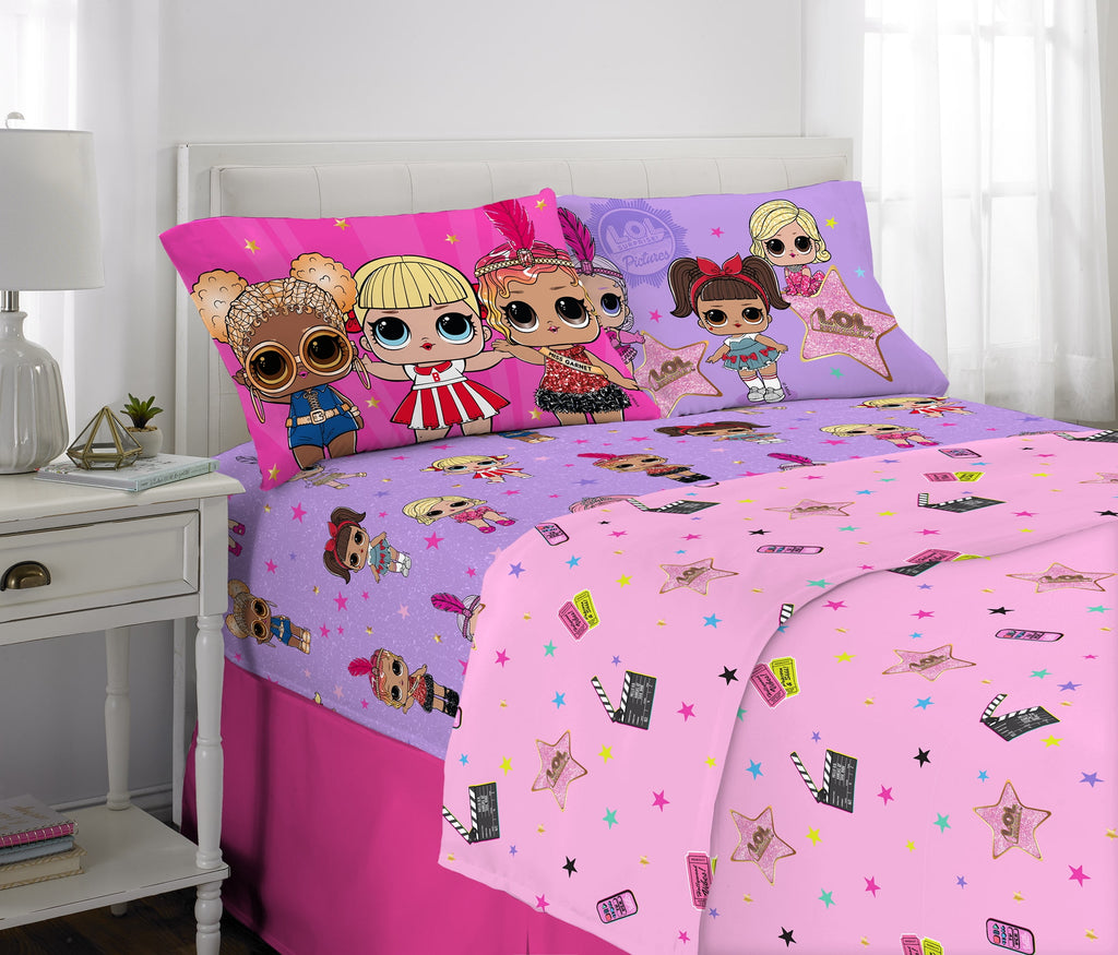 LOL Surprise Kids 5 Piece Purple Pink Reversible Comforter, Bed in a Bag, Full