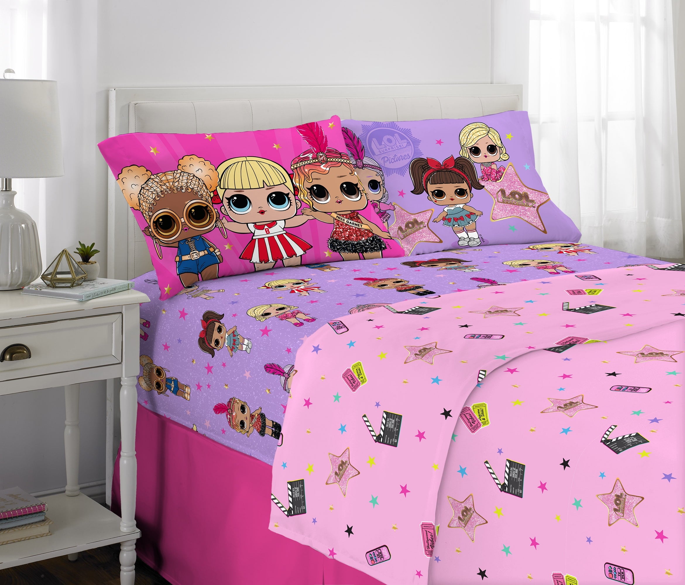 LOL Surprise Kids 5 Piece Purple Pink Reversible Comforter, Bed in a Bag, Full