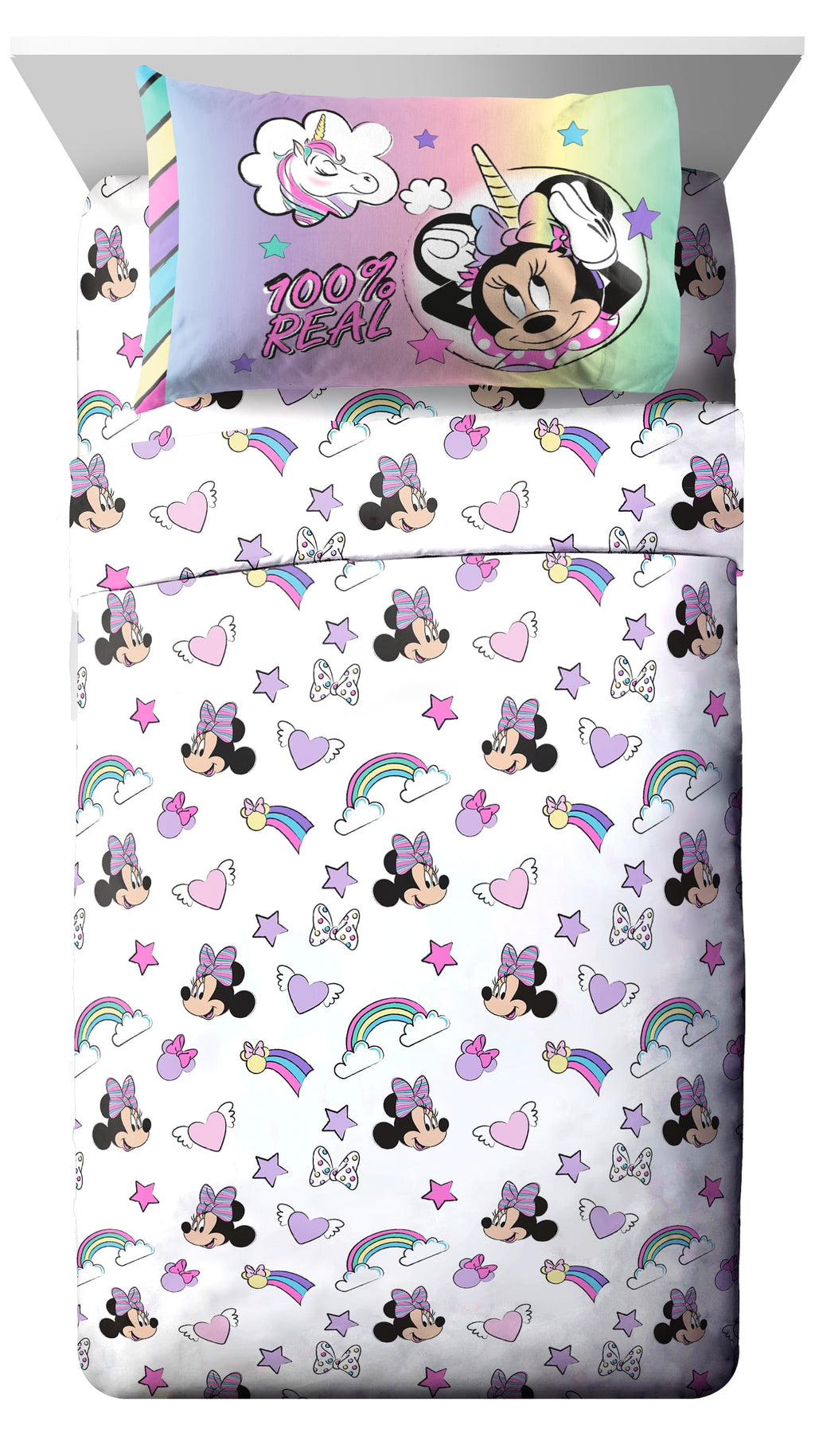 Minnie Mouse Rainbow Unicorn Dreams Kids Pink 100% Microfiber 7-Piece Bedding Set, Full