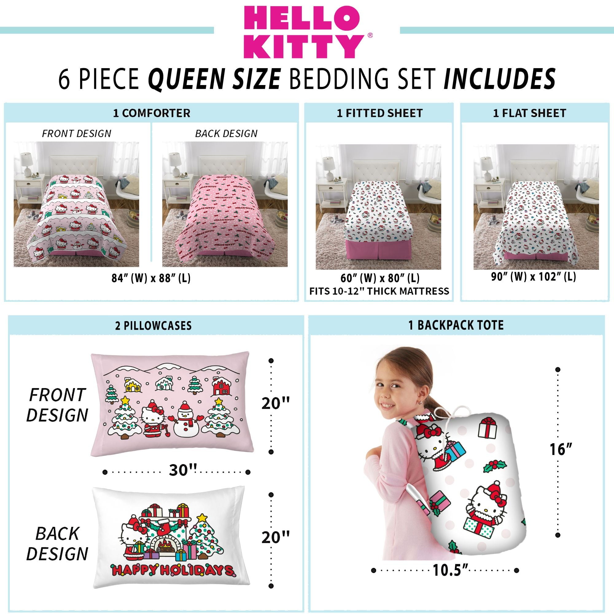 Hello Kitty Holiday Kids 6 Piece Reversible Comforter, Bed in a Bag, Queen