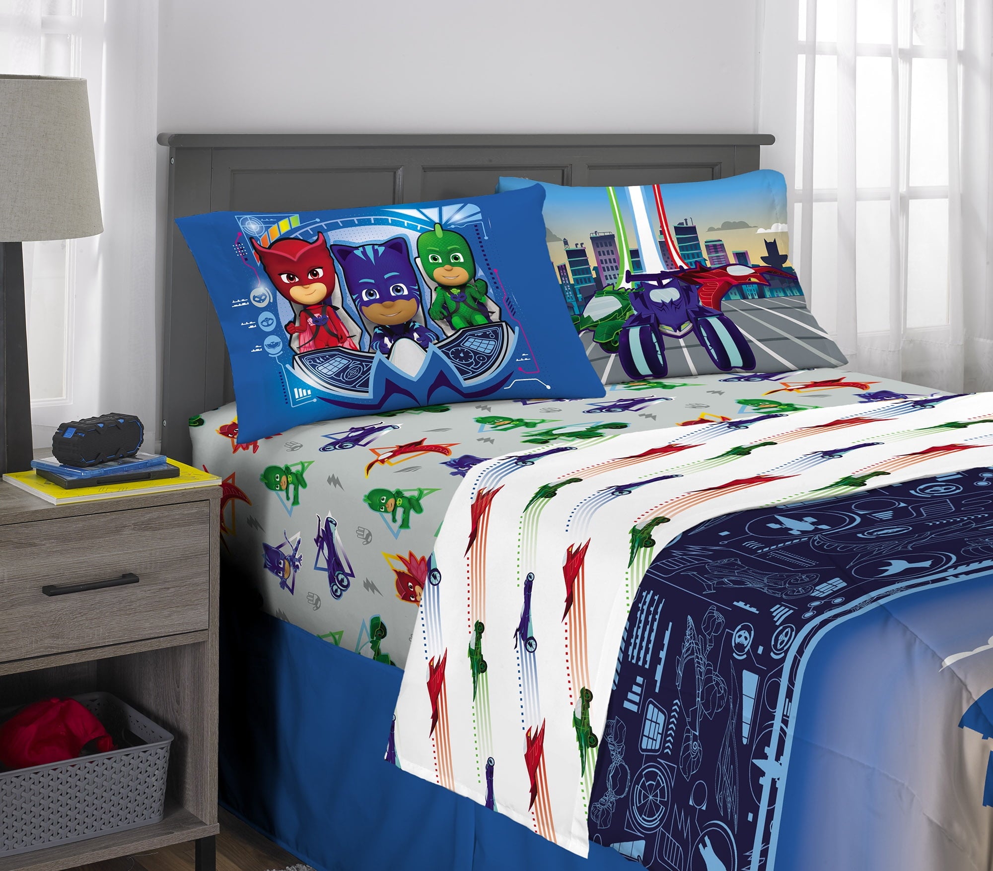 PJ Masks Kids 5 Piece Blue White Reversible Comforter, Bed in a Bag, Full