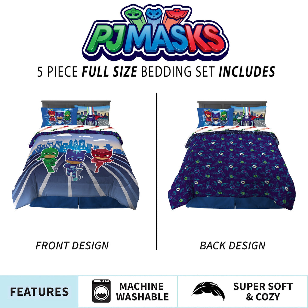 PJ Masks Kids 5 Piece Blue White Reversible Comforter, Bed in a Bag, Full