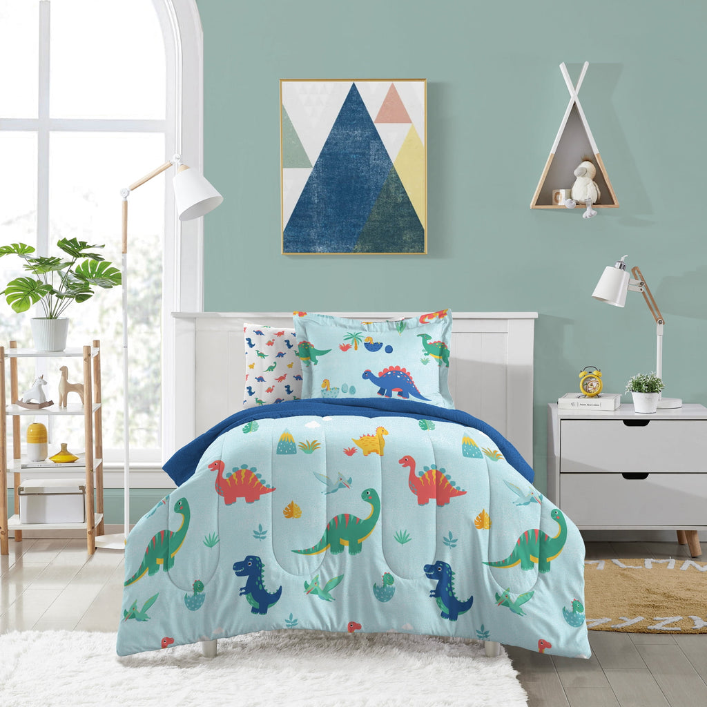 Dream Factory Sweet Dino Full Bed in a Bag Blue, Microfiber, 100% Polyester Fill, Male, Child