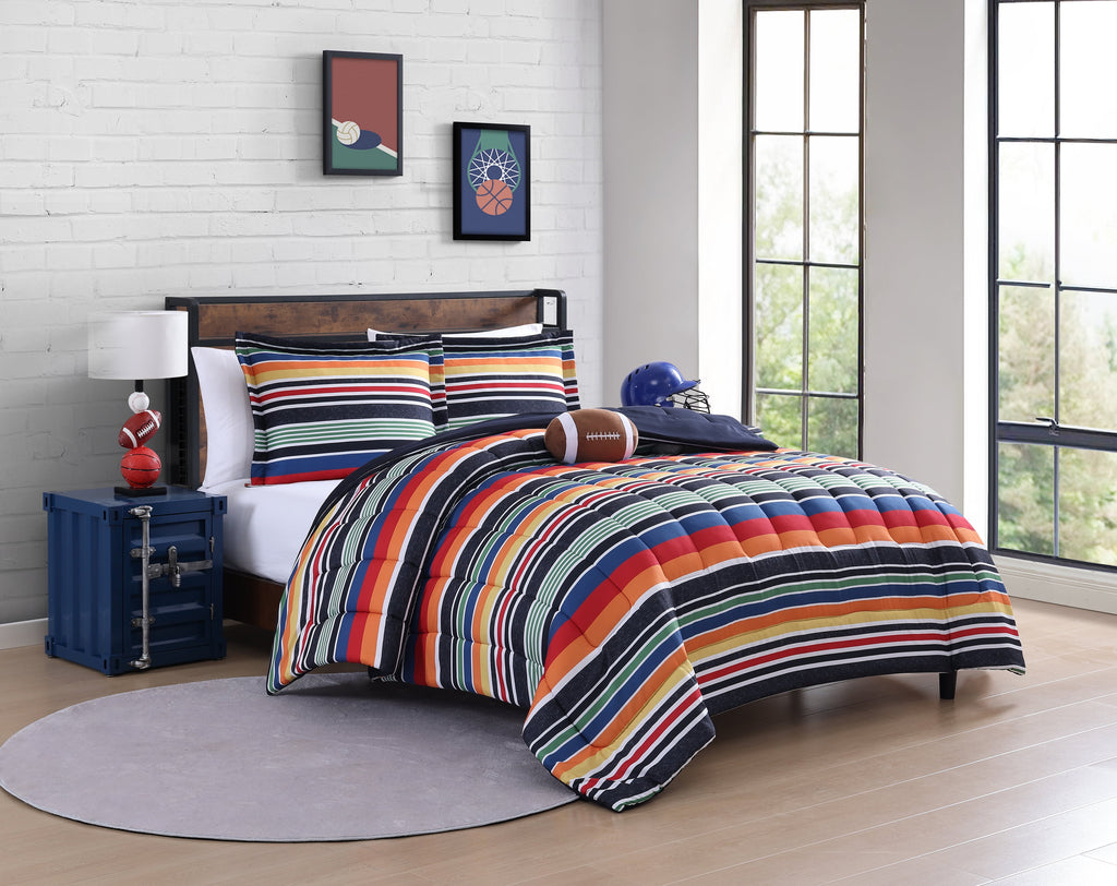 Sportset Stripe Black Multi 3-Piece Soft Microfiber Comforter Set - Twin