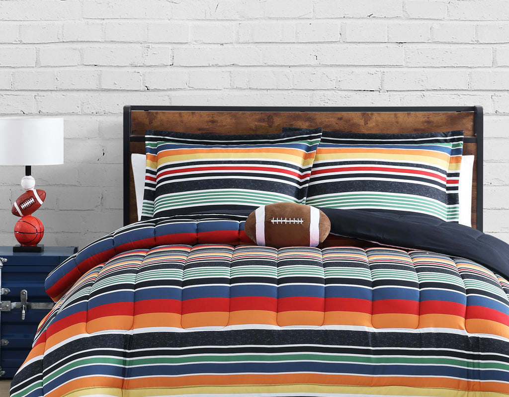 Sportset Stripe Black Multi 3-Piece Soft Microfiber Comforter Set - Twin