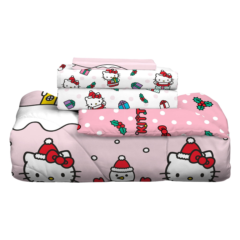 Hello Kitty Holiday Kids 6 Piece Reversible Comforter, Bed in a Bag, Queen