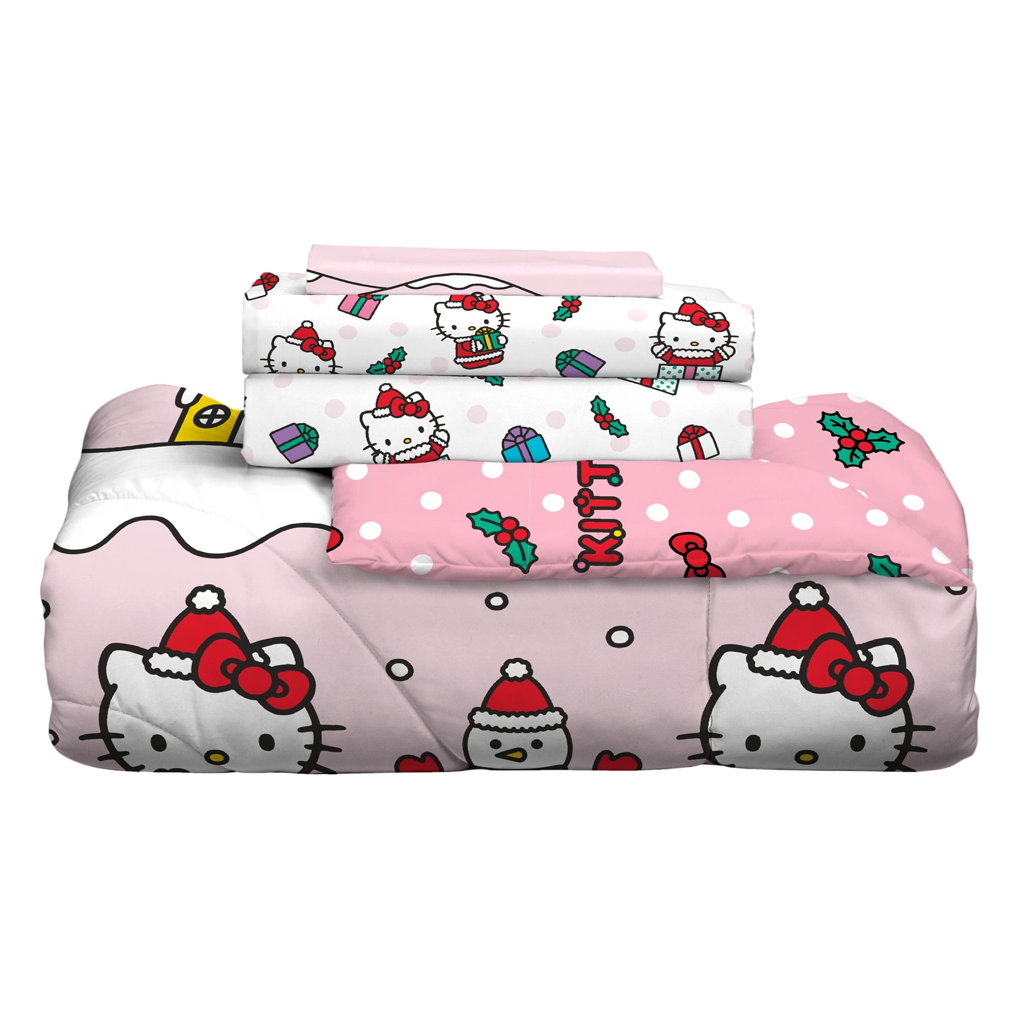 Hello Kitty Holiday Kids 6 Piece Reversible Comforter, Bed in a Bag, Queen