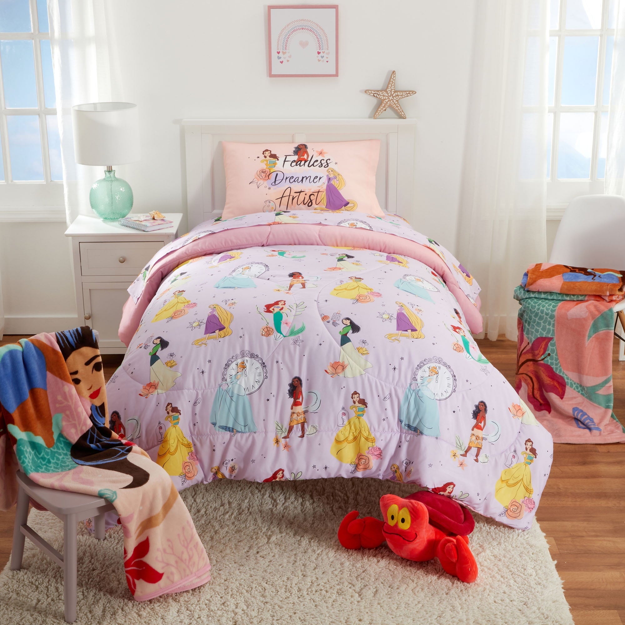 Disney Princess Kids 5 Piece Purple Reversible Comforter, Bed in a Bag, Full