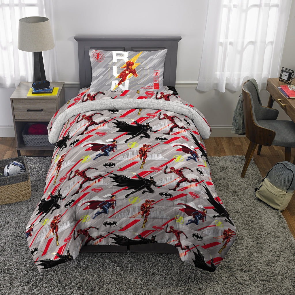 The Flash Kids 4 Piece Red Gray Reversible Comforter, Bed in a Bag, Twin