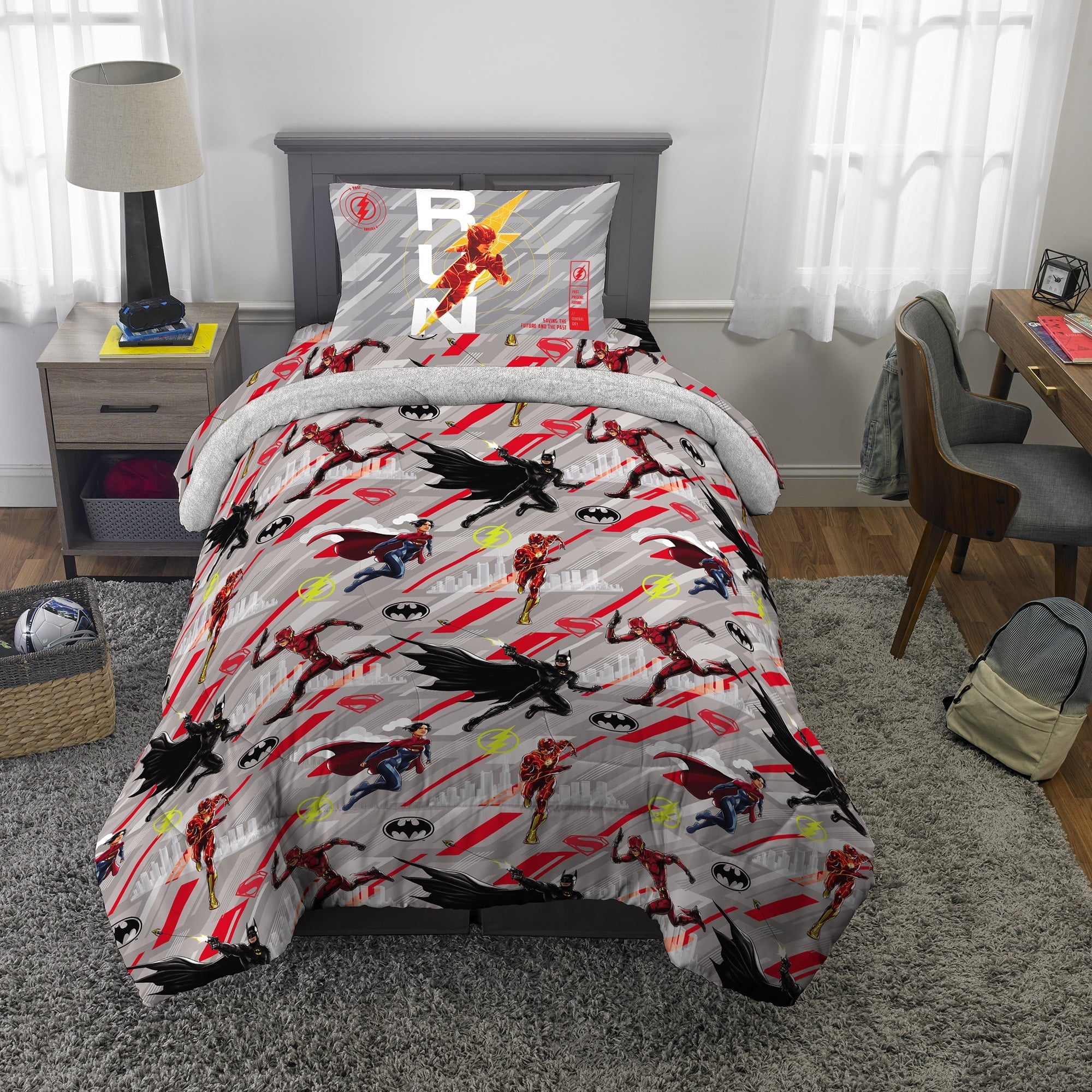 The Flash Kids 4 Piece Red Gray Reversible Comforter, Bed in a Bag, Twin