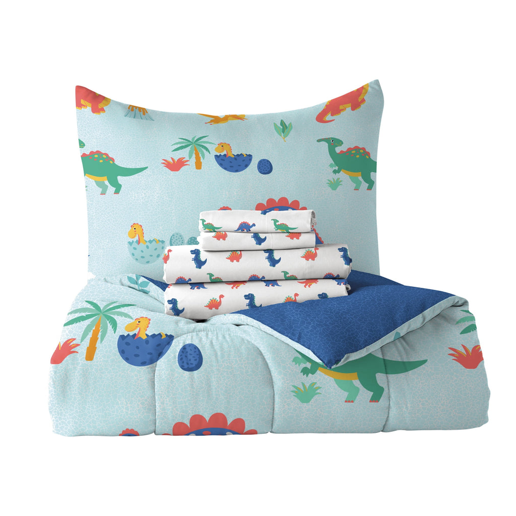 Dream Factory Sweet Dino Full Bed in a Bag Blue, Microfiber, 100% Polyester Fill, Male, Child