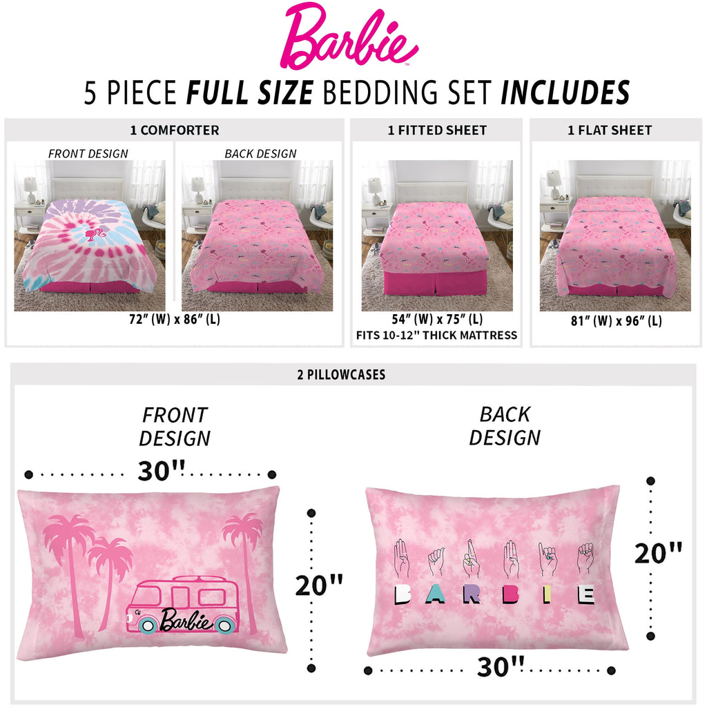 Barbie Kids 5 Piece Pink Tie Dye Reversible Comforter, Bed in a Bag, Full