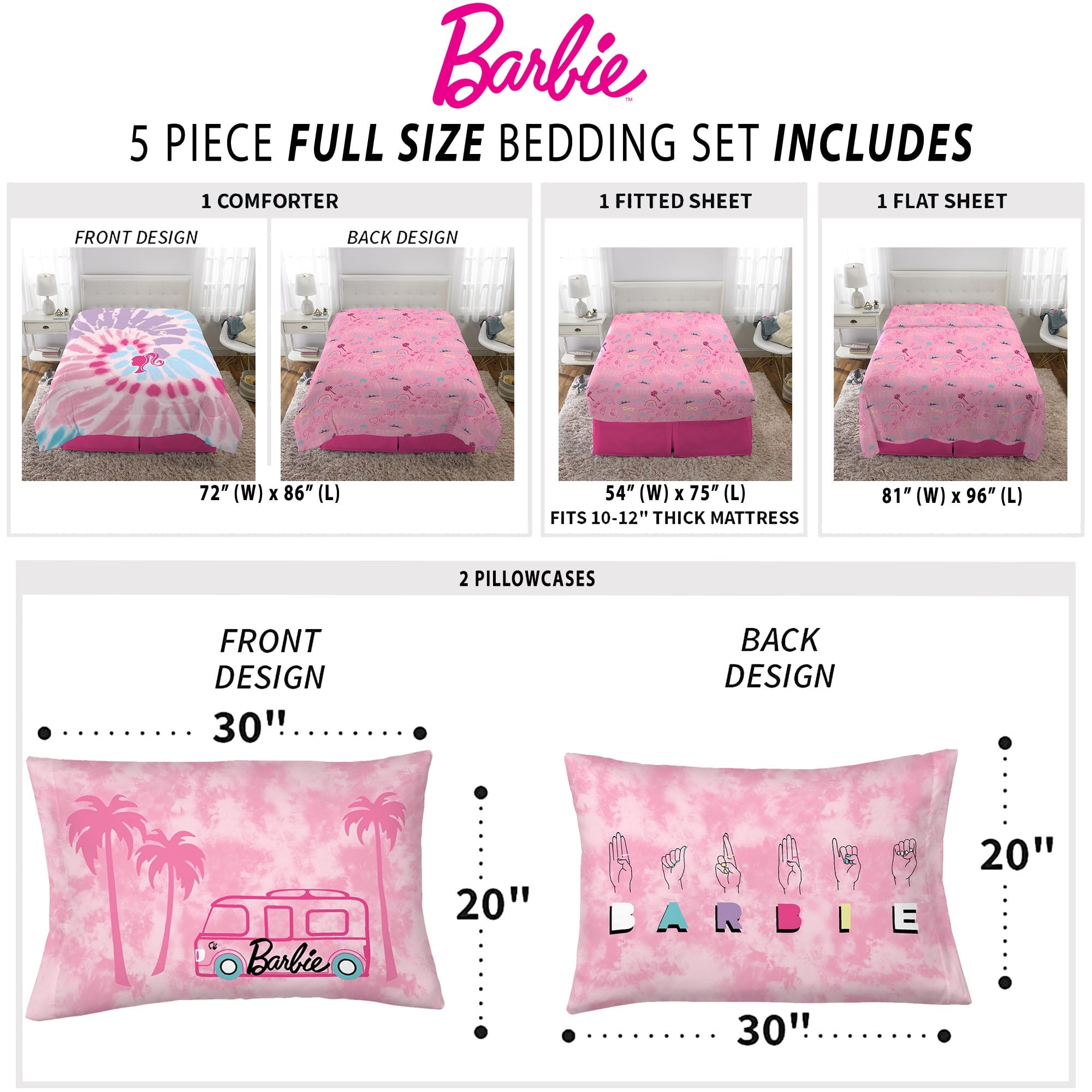 Barbie Kids 5 Piece Pink Tie Dye Reversible Comforter, Bed in a Bag, Full