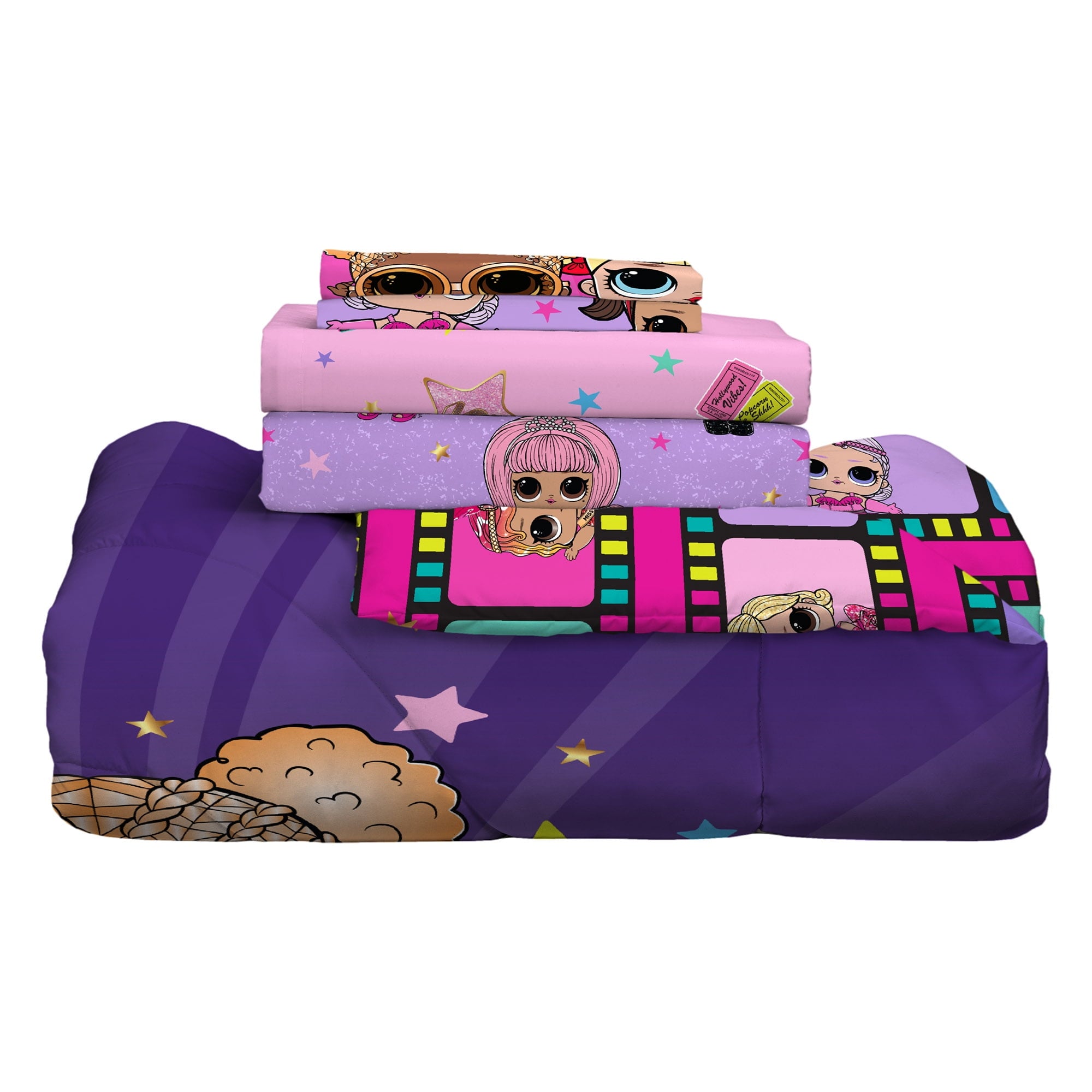LOL Surprise Kids 5 Piece Purple Pink Reversible Comforter, Bed in a Bag, Full