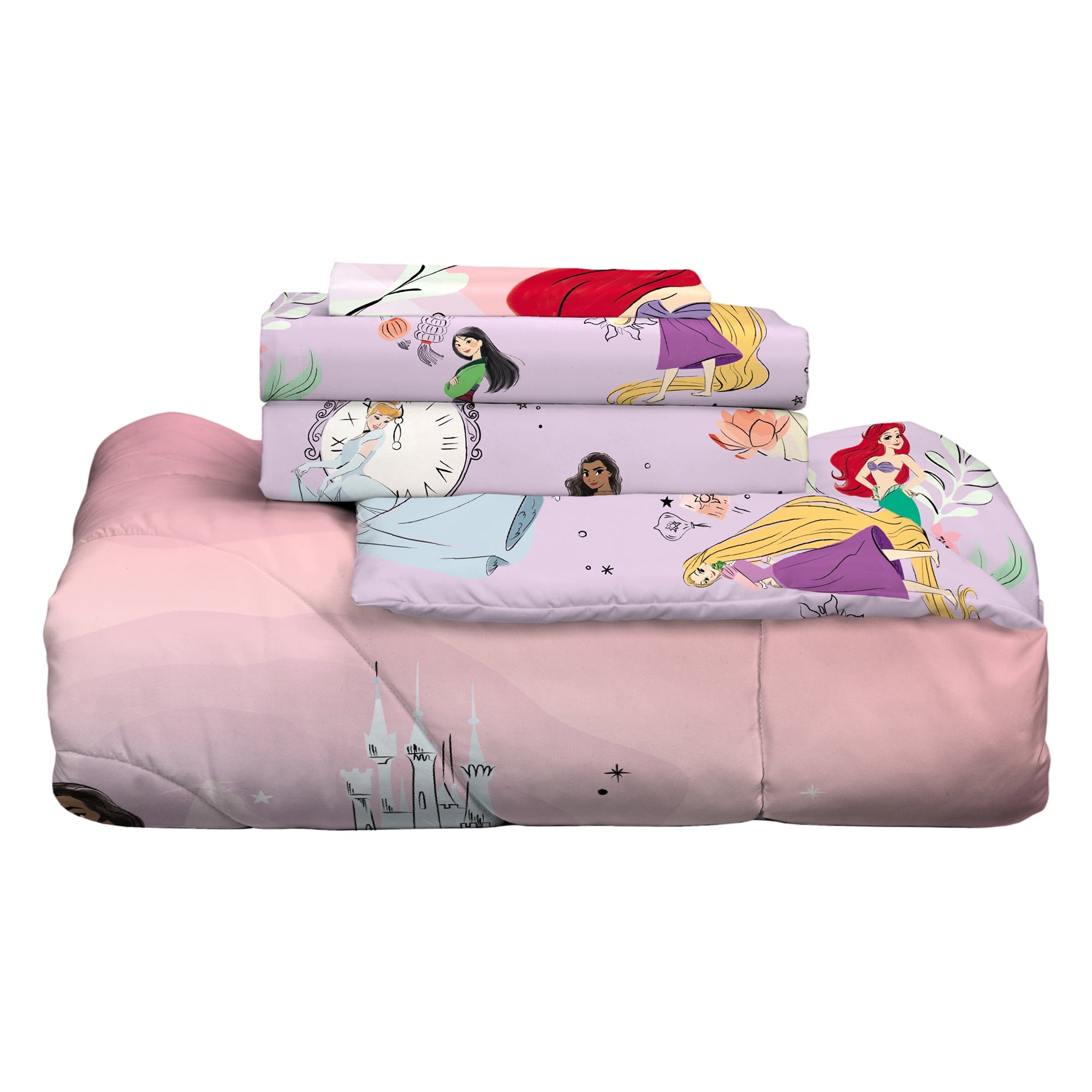 Disney Princess Kids 5 Piece Purple Reversible Comforter, Bed in a Bag, Full