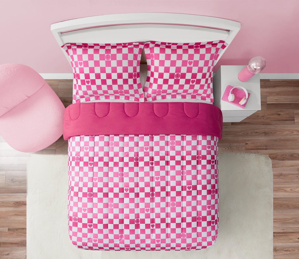 Checkerboard Hearts Hot Pink 2-Piece Ultra Soft Microfiber Comforter Set - Twin